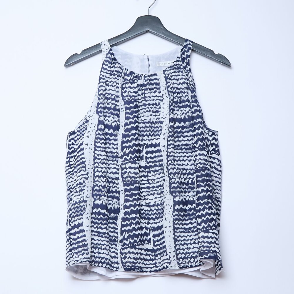 Trina Turk Abstract Zebra Animal Print Tank Top White Navy resortwear vacation